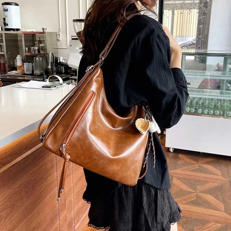 Women's Leather Shoulder Bag – Crossbody Tote with Pendant