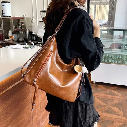 Women's Leather Shoulder Bag – Crossbody Tote with Pendant