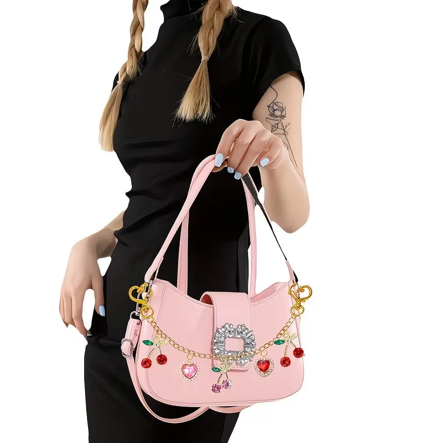 Cherry & Heart Bag Charm – Glass Stone Chain Jewelry Pendant