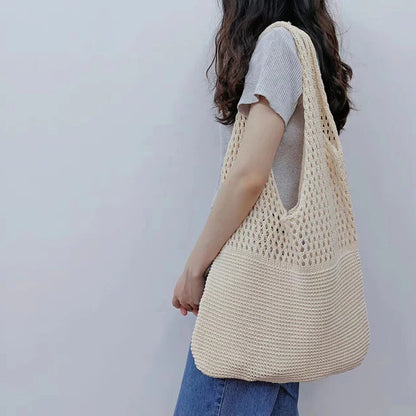 Hollow Knit Shoulder Tote Bag for Women – Large Capacity