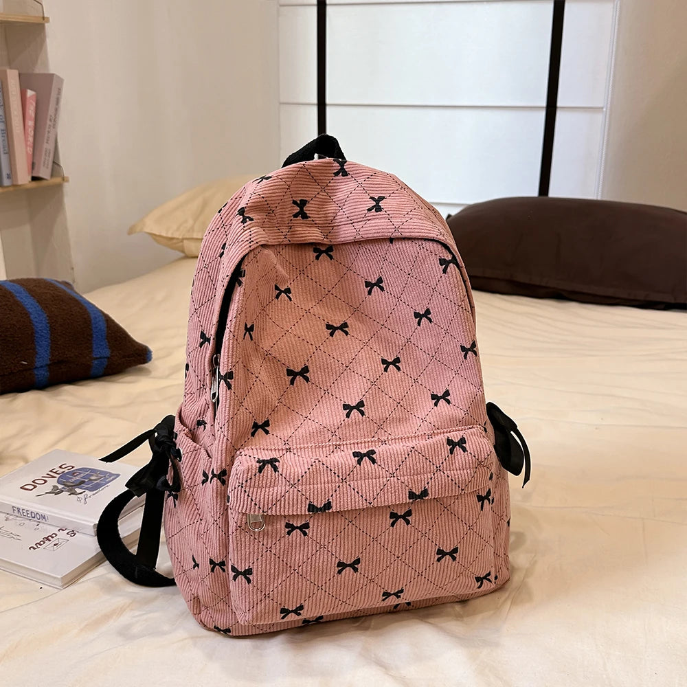 Corduroy Bow Backpack – Cute School Bag for Girls & College Students