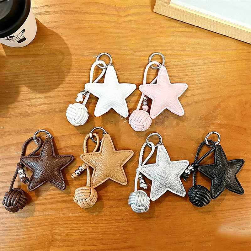 Star Leather Keychain Bag Charm with Woven Ball