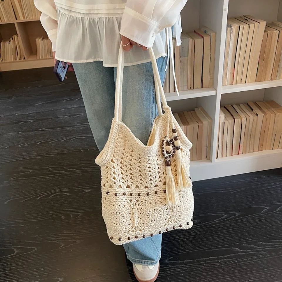 Boho Crochet Tote Bag with Bead & Tassel Charm