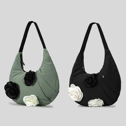 Elegant Camellia Deco Hobos Women Shoulder Bags Casual Nylon Padded Crossbody Large Capacity Puffer