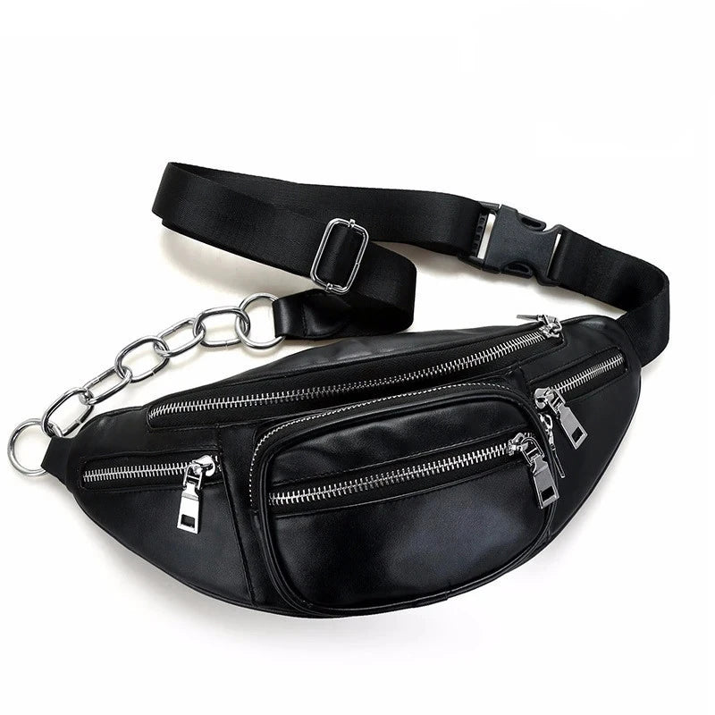 Punk Leather Fanny Pack for Women – Belt Waist Bag with Chain Detail