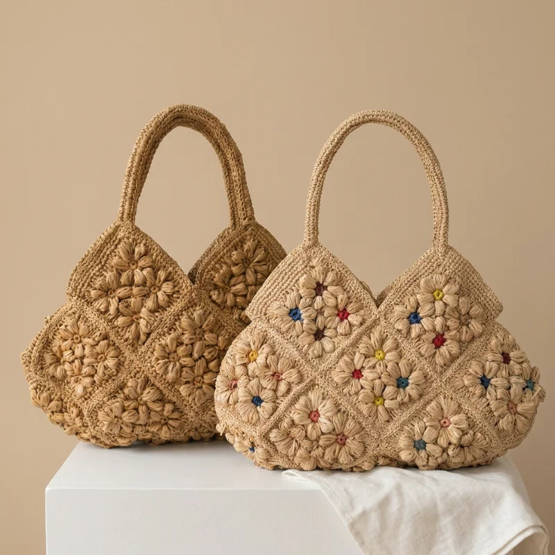 Straw Woven Tote Bag – 3D Floral Large Capacity Summer Handbag