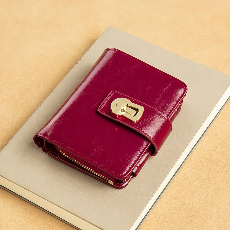 Genuine Leather Women's Wallet – Metal Lock Clasp, Card Holder & Coin Purse