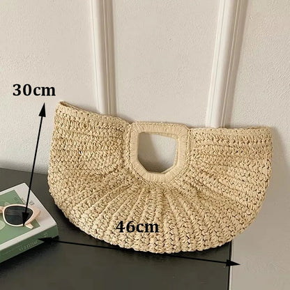 Handmade Straw Woven Round Beach Tote Bag
