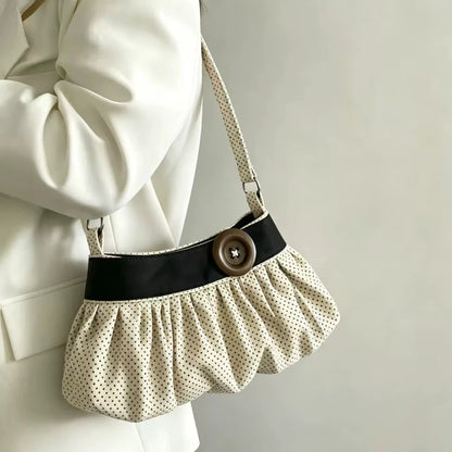 Pleated Dumpling Bag – Retro Wooden Button Shoulder Handbag