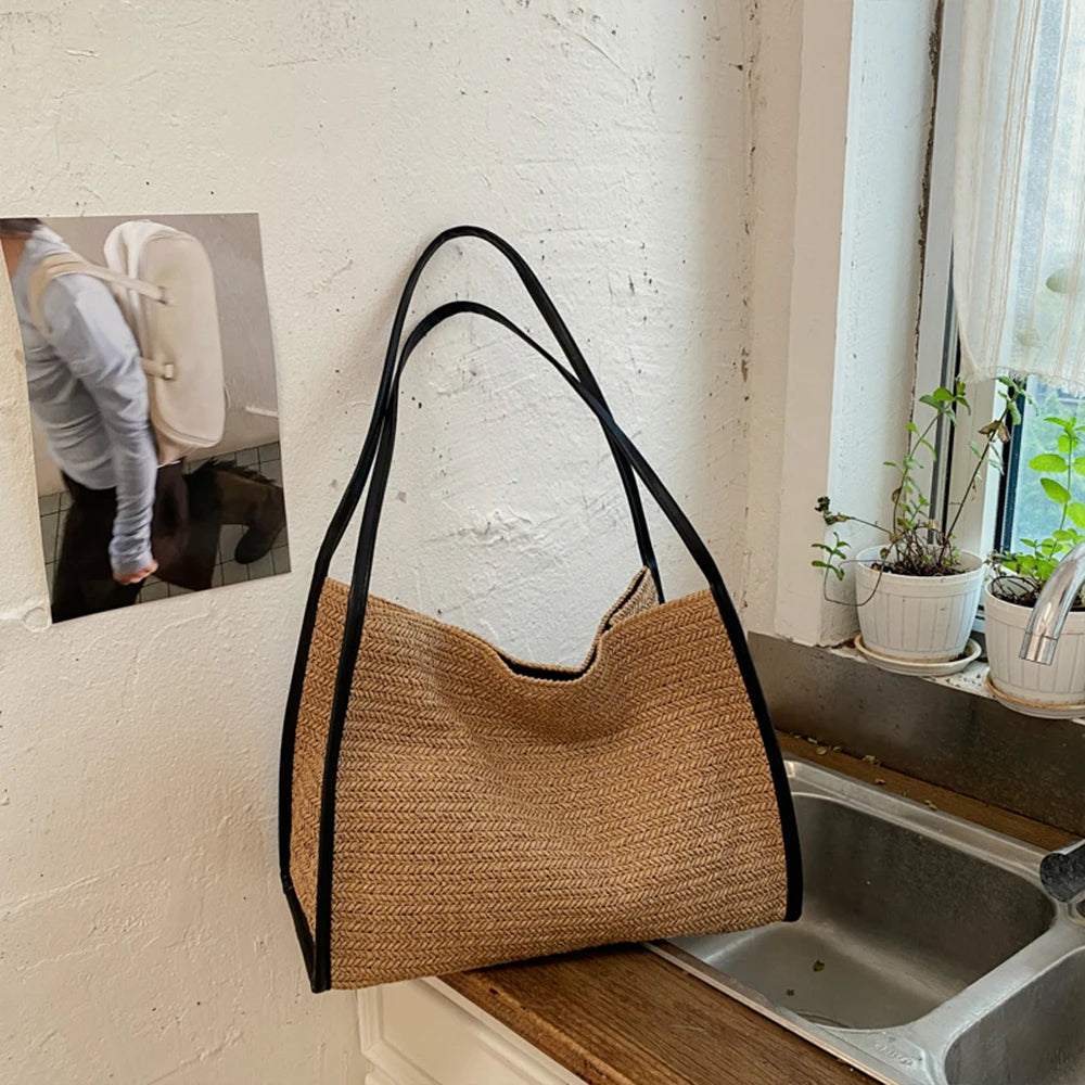 Straw Tote Bag – Large Capacity Woven Shoulder Handbag with Leather Trim