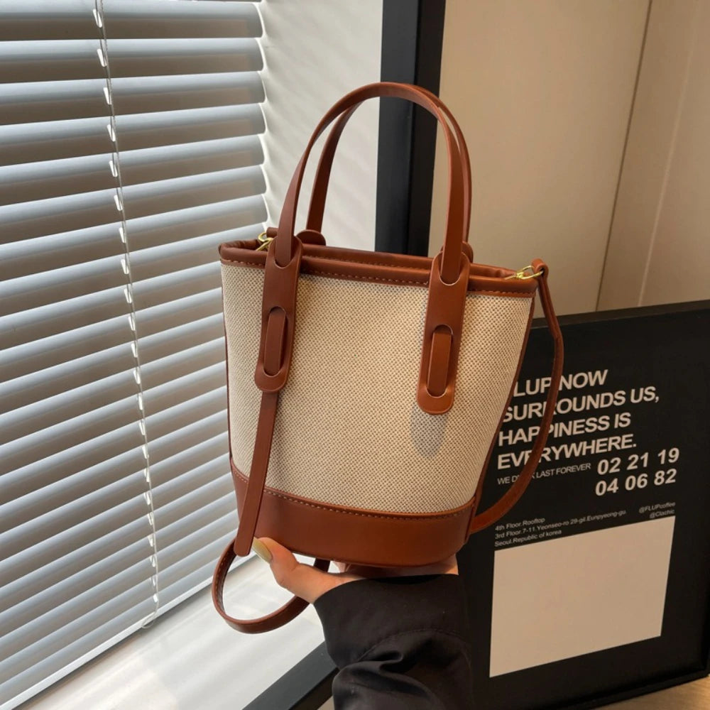 Versatile Pu Canvas Bucket Shoulder Crossbody Bags Simple Casual Sense Luxury Retro Handbags Women