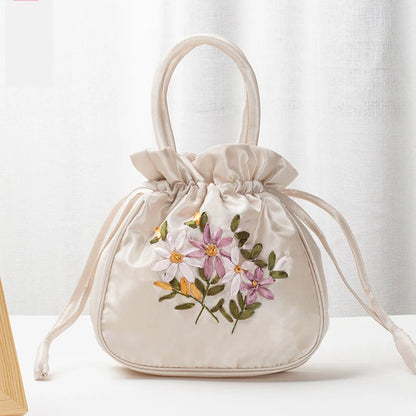 Embroidered Drawstring Handbag – Floral Satin Bucket Bag
