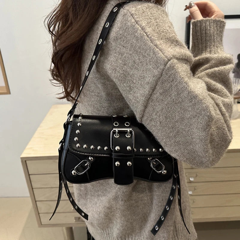 Women's Punk Rivet Shoulder Bag – Edgy Armpit Purse with Buckle