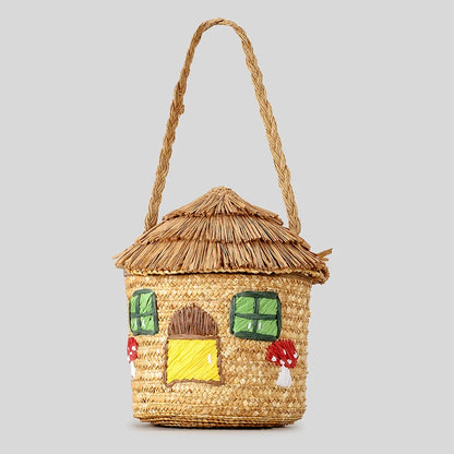 Creative Cartoon House Women Shoulder Bags Paper Woven Cute Handbags Handmade Summer Beach Bag Girls