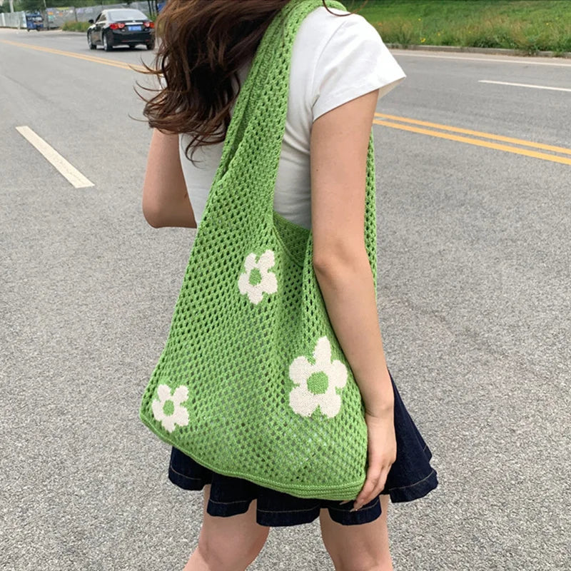 Flower Knit Hollow Tote Bag – Large Capacity Crochet Shoulder Bag for Women
