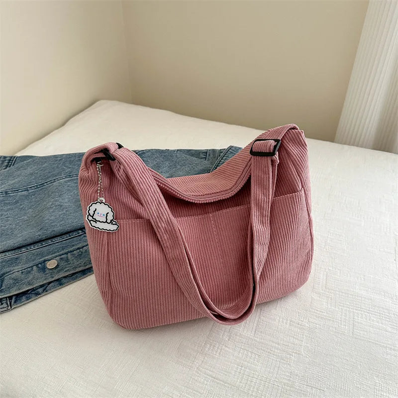 Corduroy Shoulder Tote Bag – Women's Striped Large Capacity
