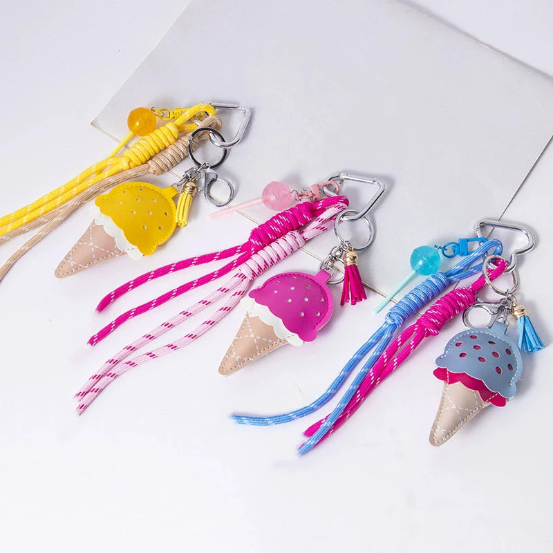 Ice Cream Cone Keychain Bag Charm with Woven Rope Tassel