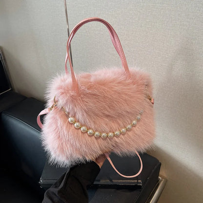 Fluffy Plush Crossbody Bag with Pearl Chain Handle