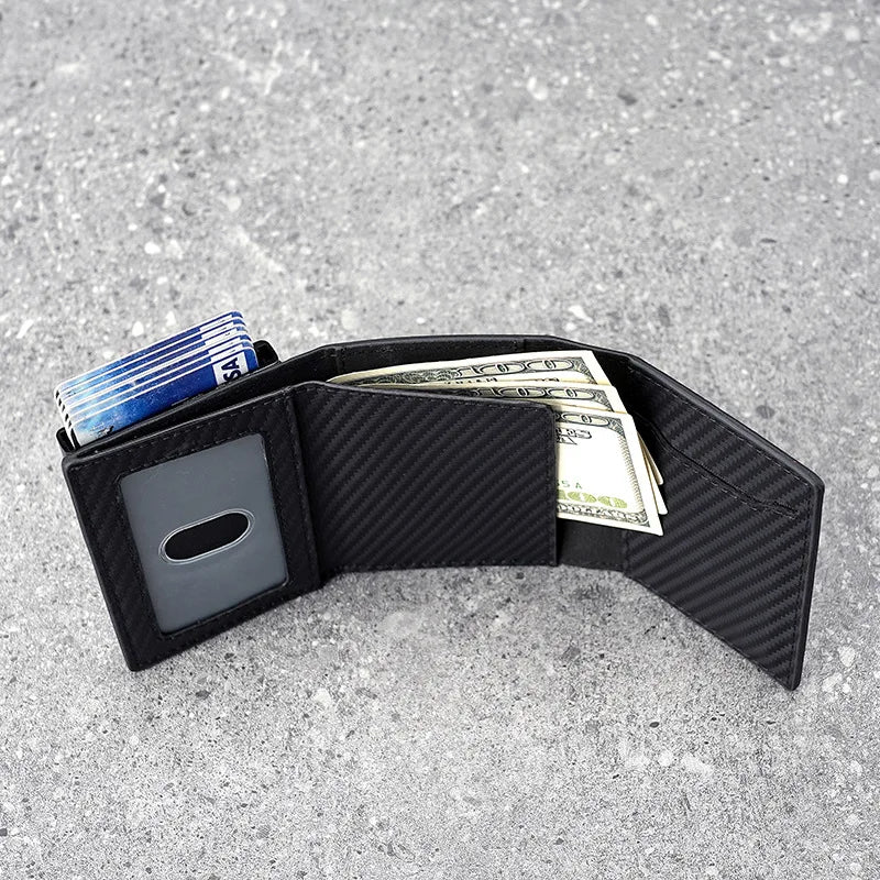 RFID Blocking Carbon Fiber Slim Wallet with AirTag Slot & Auto-Pop Card Holder