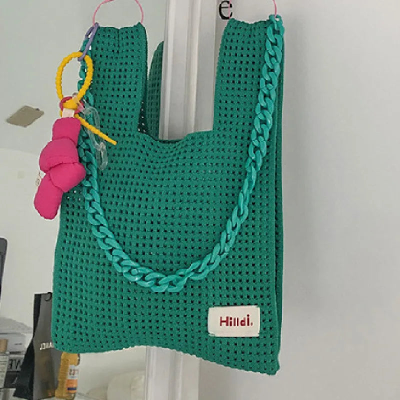 Beach Handbag Girls Summer Rope Hollow Out Hand Woven Shoulder Crossbody Totes Bag Women Knitting