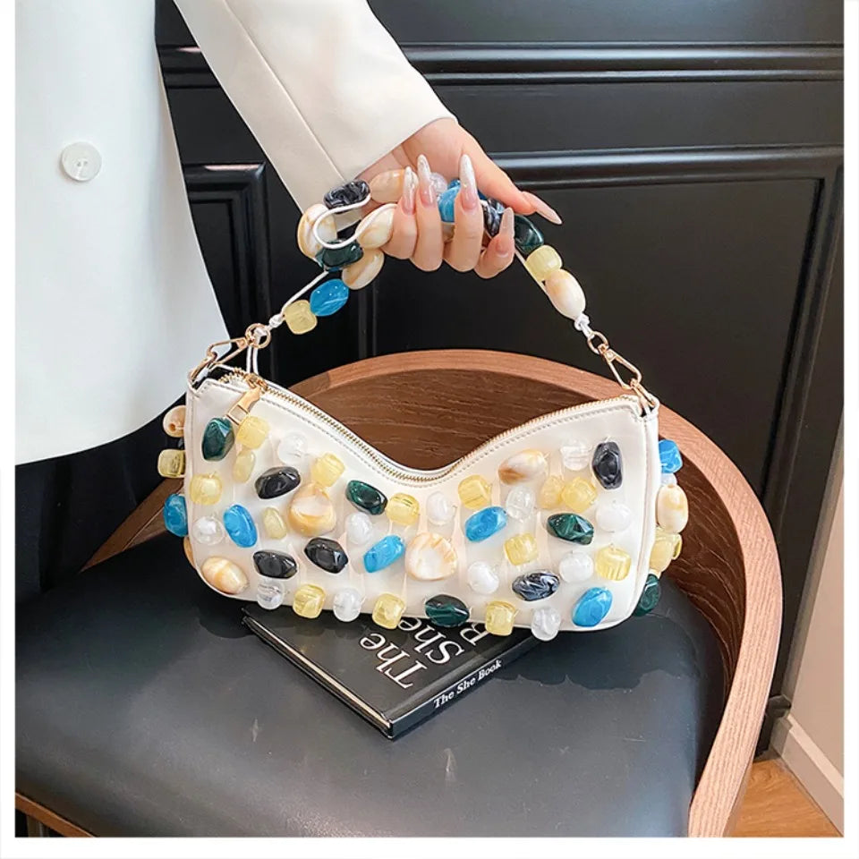 Stone-Embellished Evening Clutch Bag for Women – Baguette Shoulder Handbag