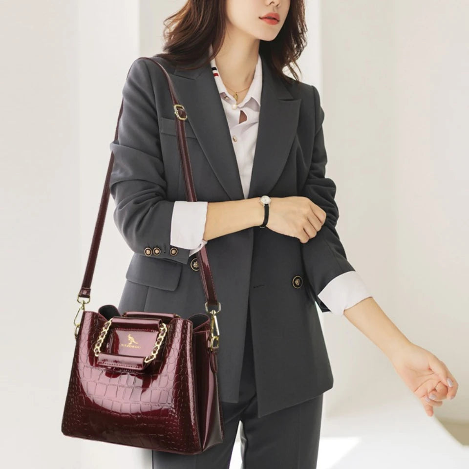 Luxury PU Leather Handbag for Women – 3-Layer Tote, Shoulder & Crossbody Bag