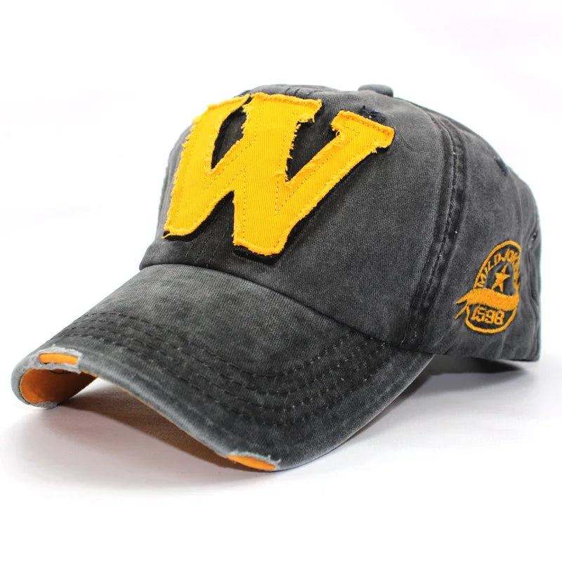 Washed Cotton Baseball Cap – Embroidered Letter W Snapback