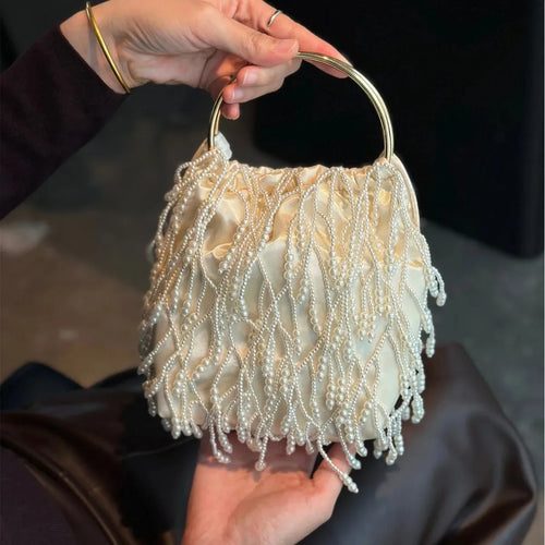 Pearl Beaded Fringe Evening Bag – Luxury Satin Handbag for Wedding & Party