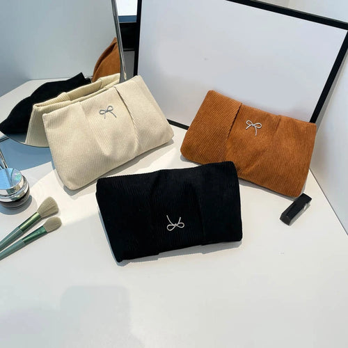 Bow Corduroy Cosmetic Bag Large Capacity Makeup Clutch Purse