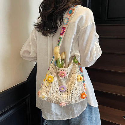 Crochet Flower Tote Bag – Large Capacity Knit Shoulder Bag