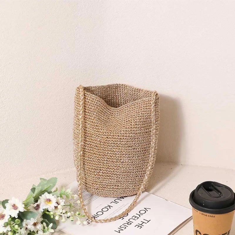 Handwoven Straw Bucket Bag – Boho Crossbody Tote