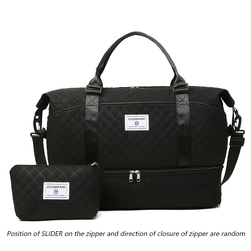 Quilted Nylon Travel Duffle Bag Set with Shoe Compartment