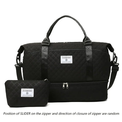 Quilted Nylon Travel Duffle Bag Set with Shoe Compartment