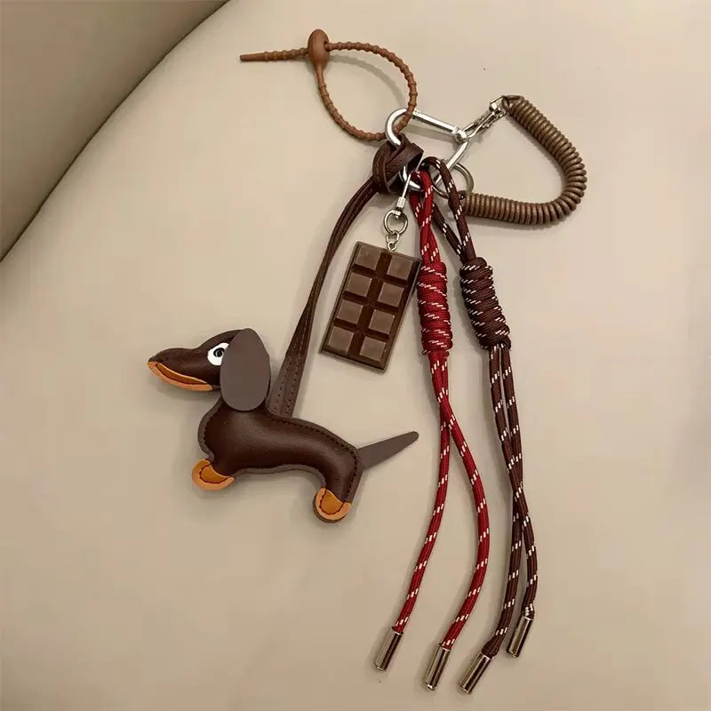 Dachshund Keychain Leather Dog Bag Charm with Braided Rope