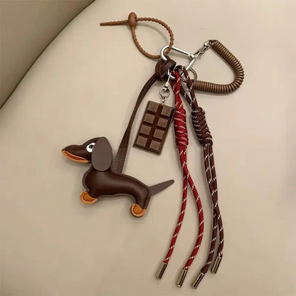 Dachshund Keychain Leather Dog Bag Charm with Braided Rope