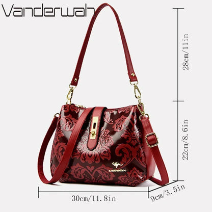Floral Embossed Leather Women's Crossbody Shoulder Bag – 3-Layer Luxury