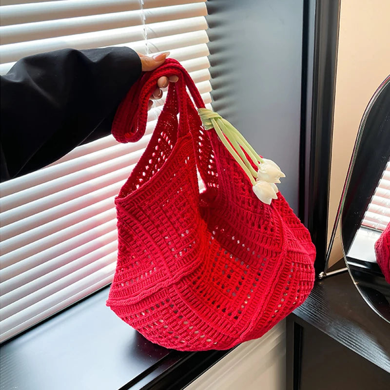 Large Crochet Knit Tote Bag – Vintage Cotton Shoulder Shopper