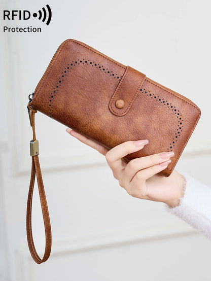 RFID Vintage Long Wallet for Women – Large Capacity Zipper Clutch