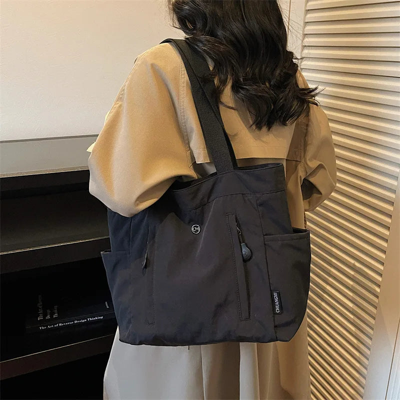 Large Canvas Tote Bag – Korean Style Multi-Pocket Shoulder Bag