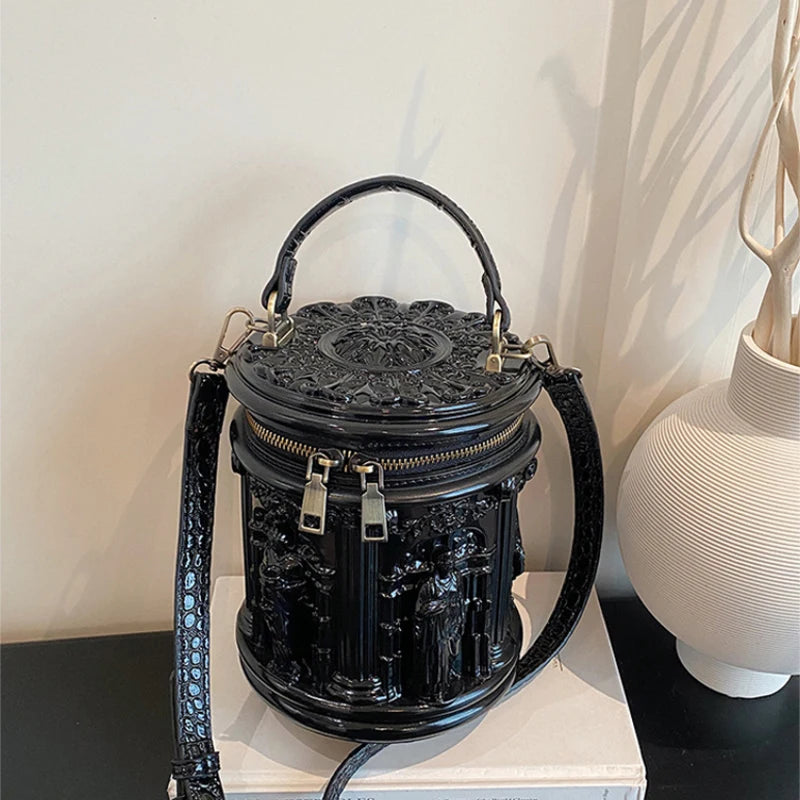 3D Baroque Embossed Bucket Bag – Retro Crossbody Handbag