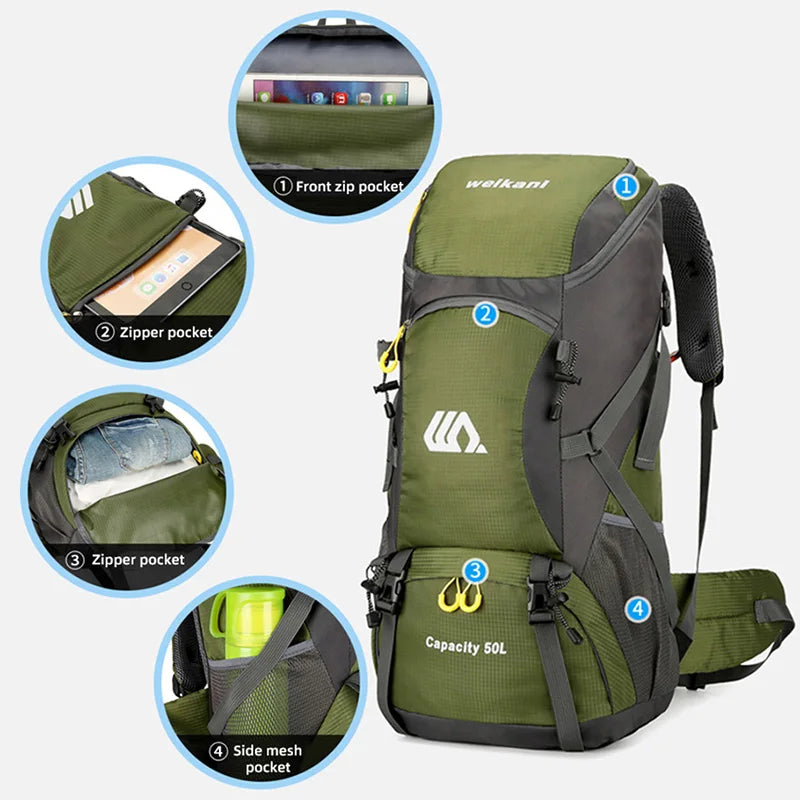 50L Hiking Backpack – Waterproof Travel Bag with Rain Cover