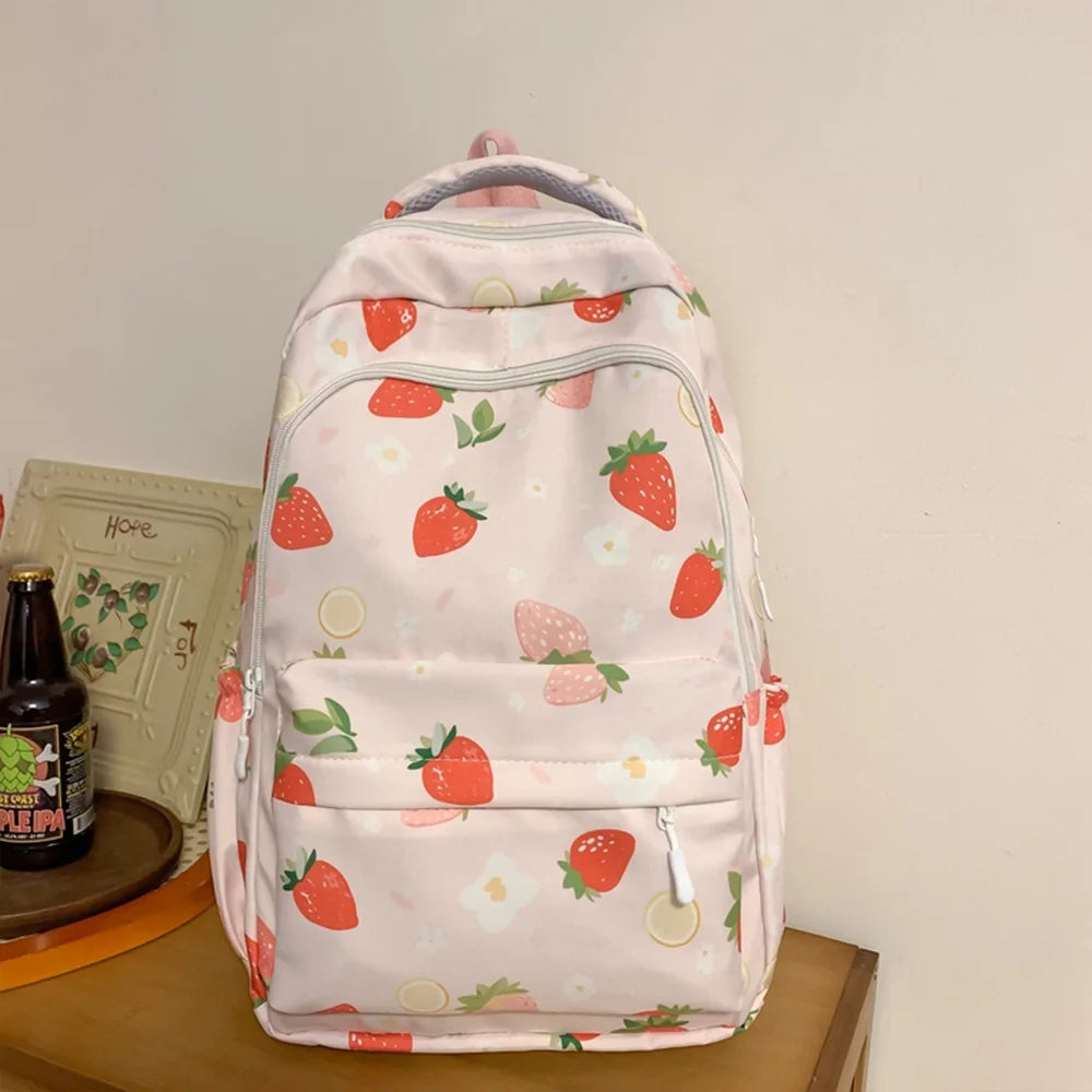 Strawberry Print Nylon Backpack – Cute Lightweight School Bag