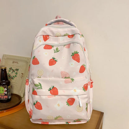Strawberry Print Nylon Backpack – Cute Lightweight School Bag