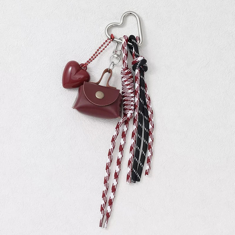 Mini Bow Bag Charm Keychain with Braided Rope & Heart Pendant