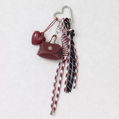 Mini Bow Bag Charm Keychain with Braided Rope & Heart Pendant
