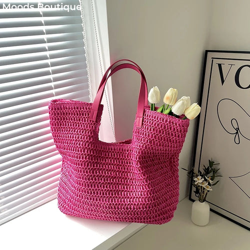 Moods Summer Beach Straw Woven Shoulder Tote Bags Women Large Capacity Shopping Totes Brand