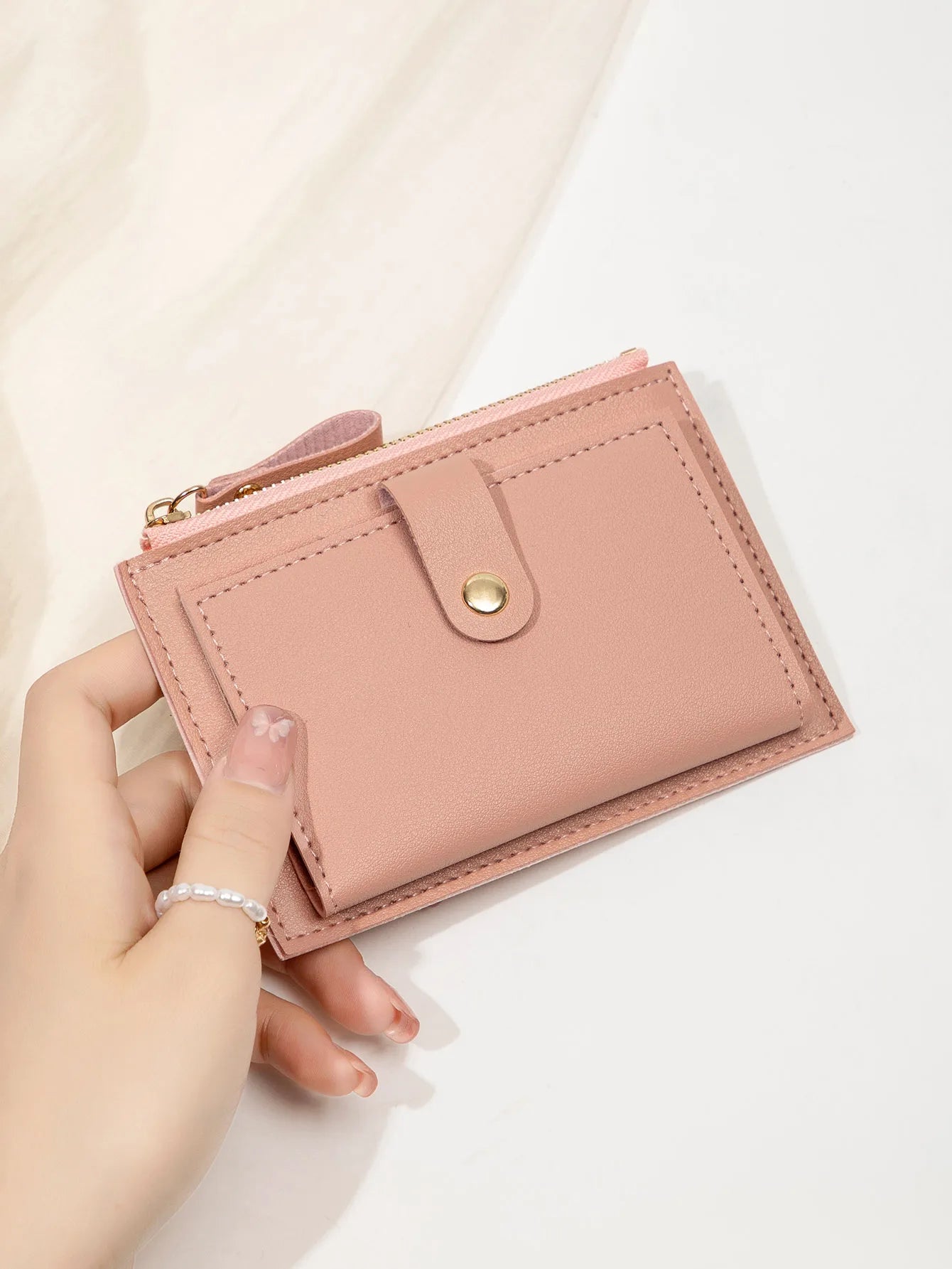Slim Bifold Card Wallet for Women with Zipper
