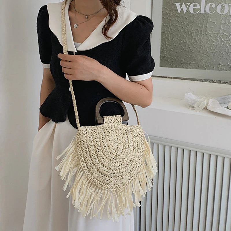 Tassel Straw Crossbody Bag for Women – Handwoven Semicircle Beach Handbag