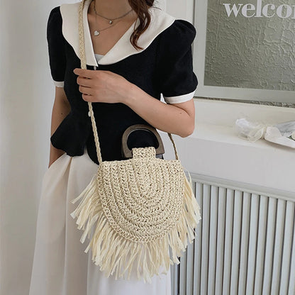 Tassel Straw Crossbody Bag for Women – Handwoven Semicircle Beach Handbag