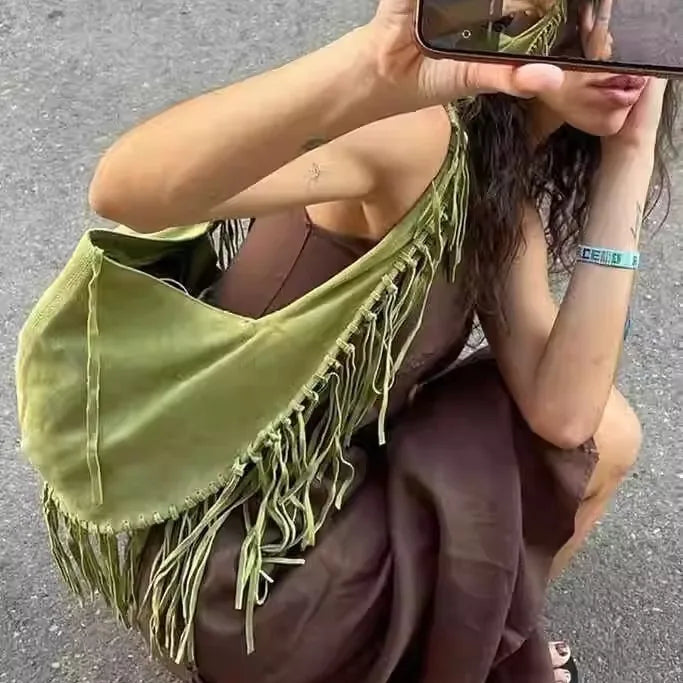 Vintage Suede Hobos Women Shoulder Bags Bohemian Tassel Handbags Large Capacity Tote Bag Autumn